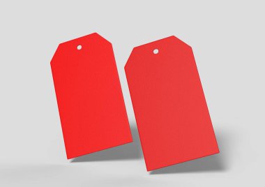 Boş etiket bağlı. Fiyat etiketi, hediye etiketi, satış etiketi, adres etiketi gri arka planda yalıtılmış. 3d render illüstrasyon