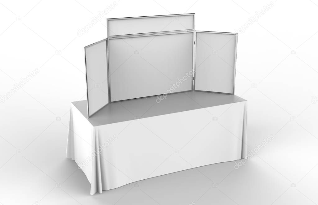 Table top folding display board for trade show. 3d render illustration.