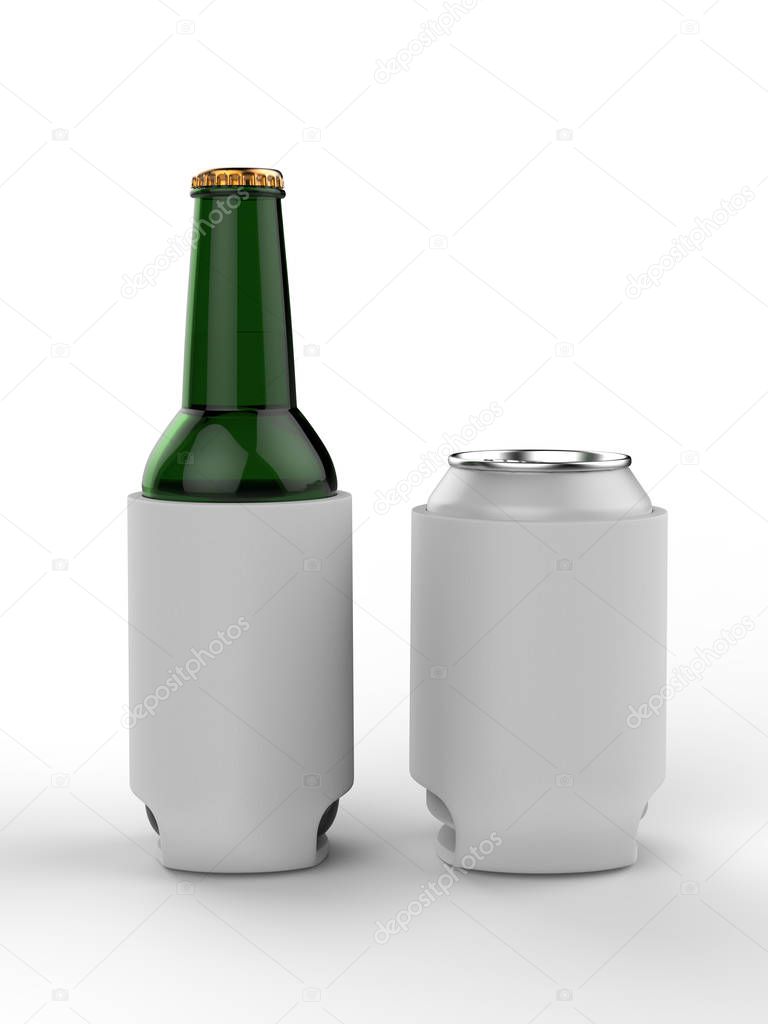 Blank Beer Bottle Can Cooler Sleeve Wrap Holder. 3d render illustration.