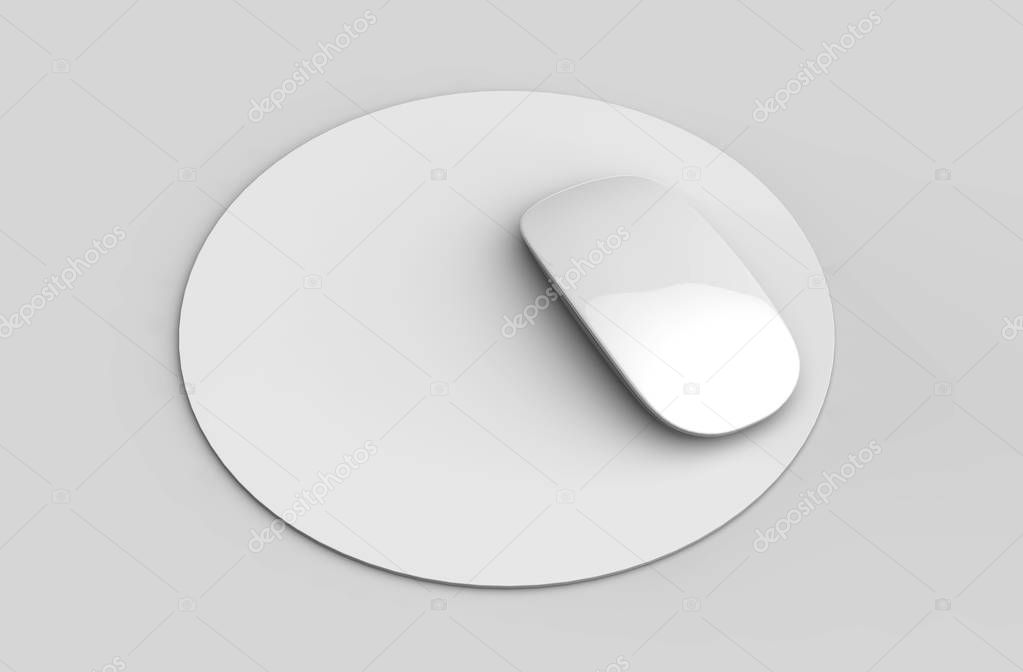 Circular Blank mouse pad with computer mouse for branding or design presentation. 3d render illustration.