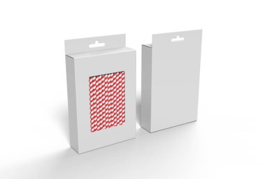 Taklit ve sunum için boş saman paketleme kutusunu asma sekmesi kutusuna asıyorum. 3d resimleme.