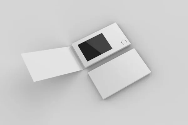 ブランク液晶ビデオメーラーカードとブランディングのためのパンフレット 3Dレンダリング図 — ストック写真