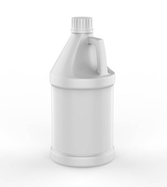 Beyaz zemin üzerinde su, yağ, süt ve kimyasal depolama için boş yuvarlak HDPE yan kolu, markalaşma ve modelleme tasarımı için 3D resimleme.