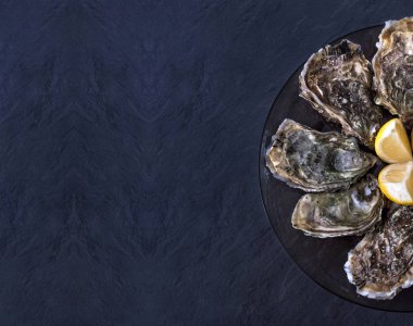 Koyu gri arka planda siyah plaka üzerinde limon ile kapalı istiridye. Taze Istiridye yakın üst görünüm. Sağlıklı deniz ürünleri. Restoranda şampanyalı Oyster akşam yemeği. Lüks gurme yemekleri. 
