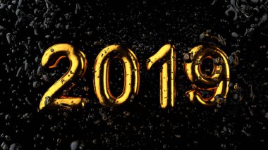 2019 türü, altın dokulu sıvı damla, siyah arka plan ile metin