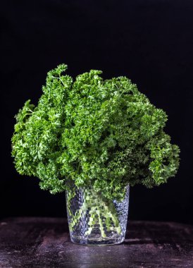 Bir demet maydanoz dalları bir cam. Siyah düz arka plan.