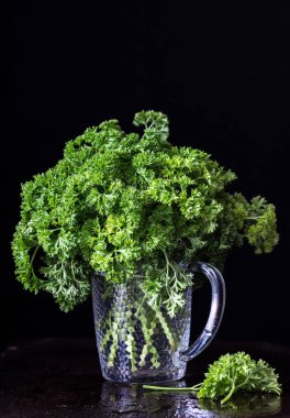 Bir demet maydanoz dalları bir cam. Siyah düz arka plan.
