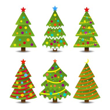 Noel ağaçları, modern tasarım koleksiyonu. Basılı malzemeler - broşürler, posterler, kartvizit, kartpostal, davet, afiş, web tasarım için kullanılabilir.