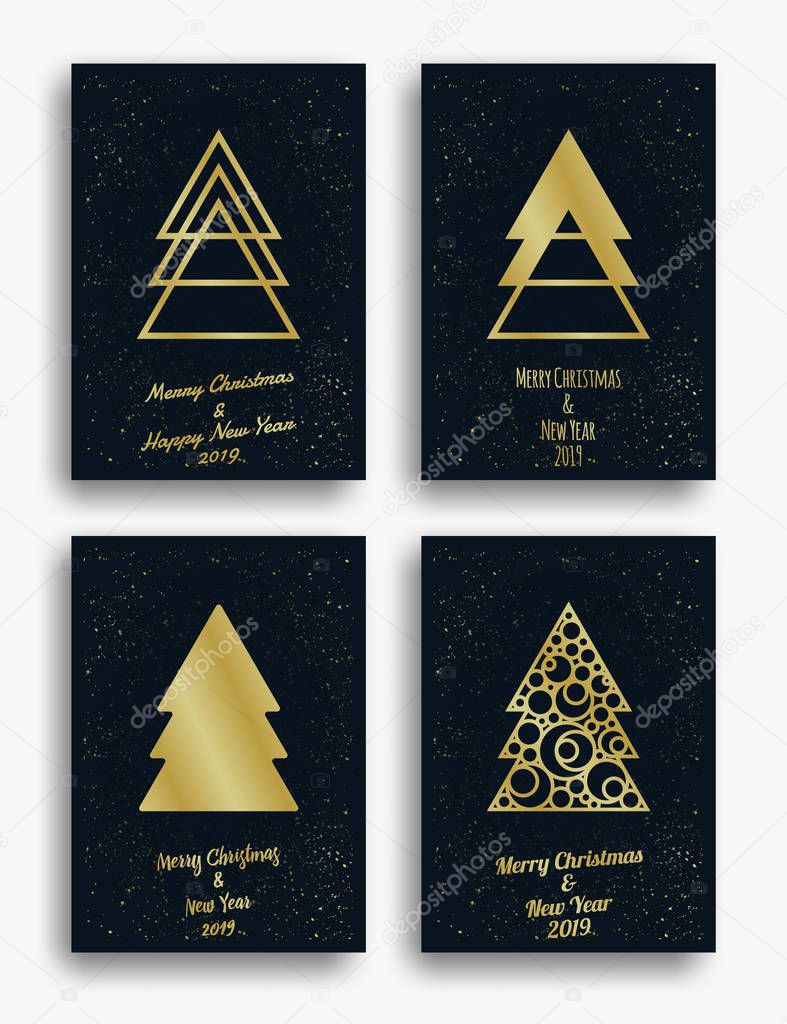 New Year and Christmas invitation card design with Christmas tree and decorations. Vector illustration set.
