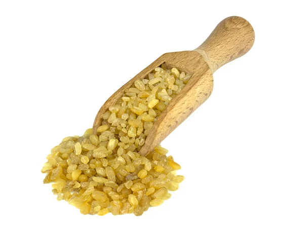 Ingredienser Högen Bulgur Eller Couscous Trä Scoop Vit Bakgrund — Stockfoto