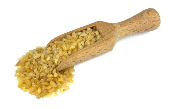 Ingredientes Alimentarios Montón Bulgur Cuscús Una Cucharada Madera Sobre Fondo —  Fotos de Stock