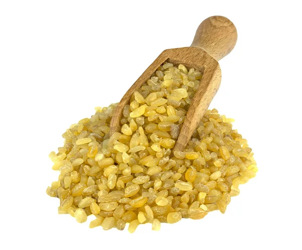 Ingredienser Högen Bulgur Eller Couscous Trä Scoop Vit Bakgrund — Stockfoto