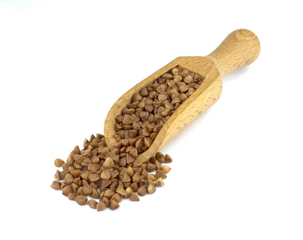 Food Ingredients Heap Buckwheat Wooden Scoop White Background — Stock Photo, Image