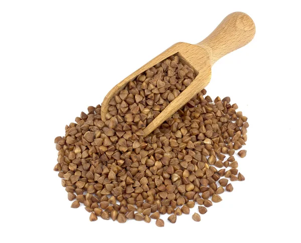 Food Ingredients Heap Buckwheat Wooden Scoop White Background — Stock Photo, Image