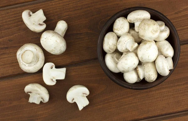 Champignon Mushrooms Bowl Wooden Background Autumn Harvest Food Vegetarian Vegetable — Stock Photo, Image