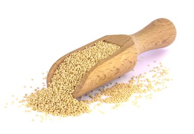 Beyaz arka planda izole ahşap kepçeler Amaranth tohumları