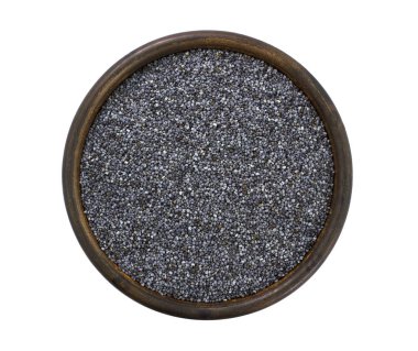 Beyaz arka plan üzerinde kase haşhaş tohumu 