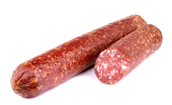 Italiaanse Gerookte Worst Salami Geïsoleerd Een Witte Achtergrond — Stockfoto