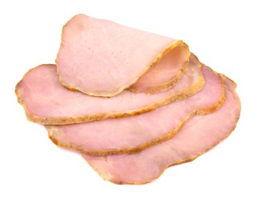 Beyaz arka planda domuz jambonu dilimlenmiş. Taze jambon..