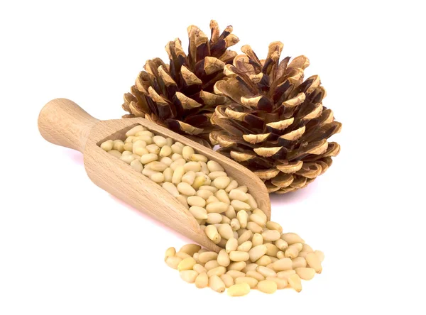 Wooden Scoop Pine Nuts Branches Cones Isolated White Delicious Natural — Stock Photo, Image