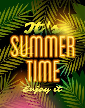 Palmiye yapraklarında neon lamba yazılı Summer Time ve Summer Camp posteri. Gezici şablon yaz posteri, vektör illüstrasyonu