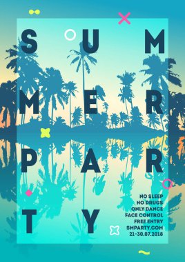 Yaz ve plaj partisi geçmişi için bir poster. Davetiye palmiye ağacı şablon broşür tasarımı. Tropik Günbatımı