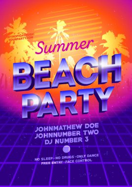 80 'lerin güzel yaz plaj partisi posteri. Gece kulübü poster şablonu. DJ parti vektör şablonu.