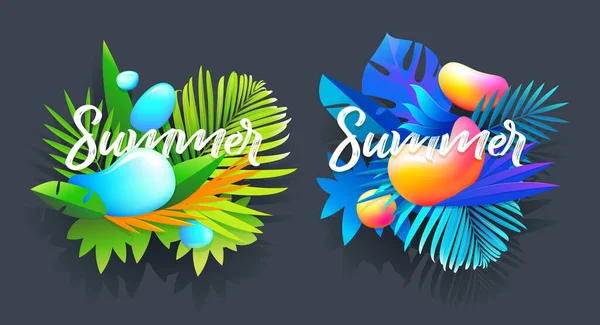 Pegatina de verano, plantilla de bandera tropical. Burbuja abstracta líquida con flores tropicales, elementos florales y geométricos. Vector Adecuado para publicaciones en redes sociales, aplicaciones móviles, camiseta — Vector de stock