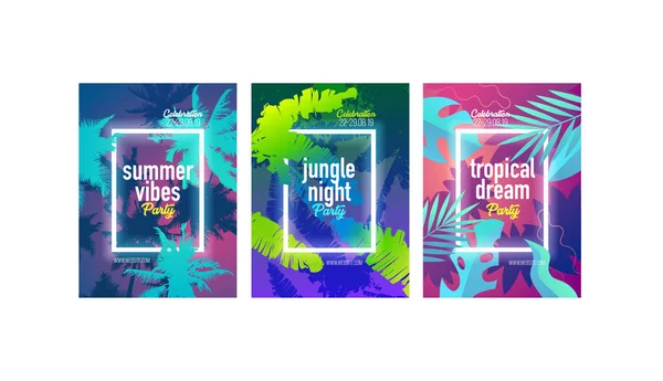 サマーパーティーベクトルポスターデザイン サマーミュージックパーティーフライヤーアートワークテンプレートA4 創造的なヤシの木の背景パーティーのポスター 熱帯の夕日 — ストックベクタ