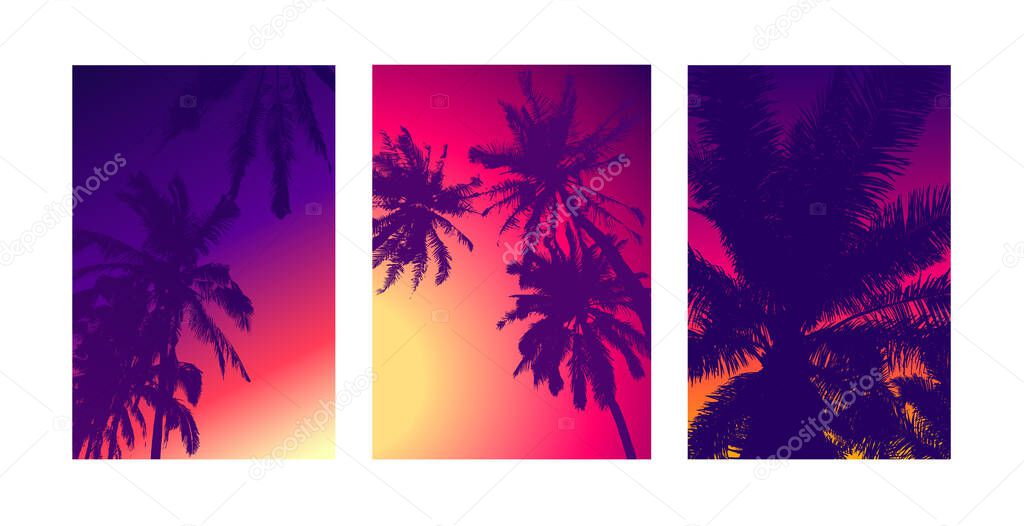 Tropical background A4 paper template. Sunset summer poster print design image. Vector palm leaf
