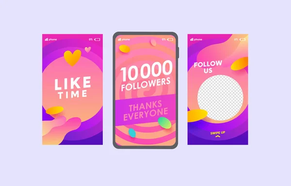 Follow us social media stories templates set. Like time, 10k followers congratulation social network promotional poster — Stock Vector