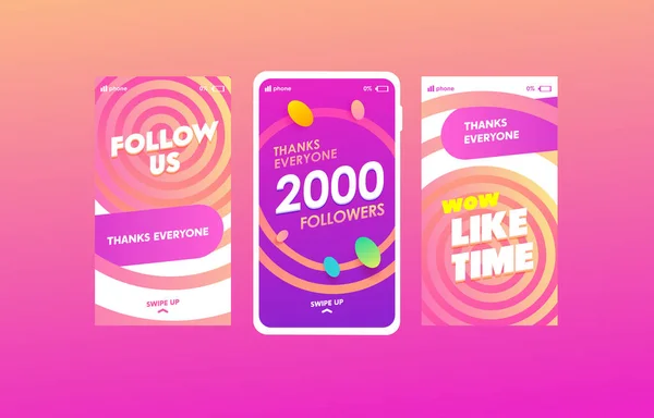 Follow us social media stories templates set. Like time, 20k followers congratulation social network promotional poster layouts pack. — Stock Vector