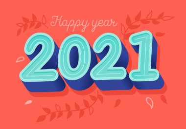 Yeni yıl 2021 vektör tebrik kartı şablonu. Kırmızı arkaplanda modaya uygun yazı tipi numarası. Dekoratif çocuksu el çizimi köknar ağaçları.