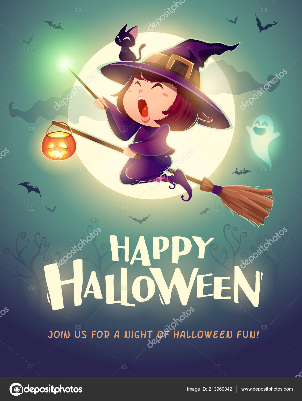 楽しいハロウィンをお過ごし下さい ハロウィン魔女の飛行 女の子子供のハロウィーンの衣装は 魔法の杖を保持しています レトロなヴィンテージ  ストックベクター ©ori-artiste 213969042, image size:1280x1700