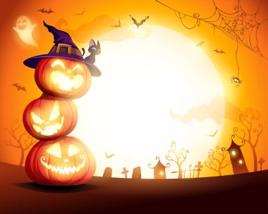 Cadılar Bayramı Balkabağı kazık. Ay ışığında yığılmış balkabağı. Jack O fener.