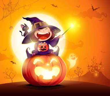 Halloween little witch. Girl kid in Halloween costume sits on a giant pumpkin. Magic wand and candies on hand. clipart