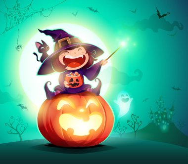 Halloween little witch. Girl kid in Halloween costume sits on a giant pumpkin. Magic wand and candies on hand. clipart