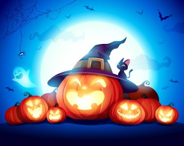 Cadılar Bayramı kutlama eğlenceli parti. Jack O Lantern parti. Ay ışığında Halloween kabak yama.