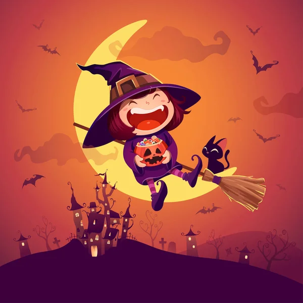 Halloween Kis Boszorkány Mindenszentek Napjának Előestéje Ruha Lány Gyerek Holdon — Stock Vector