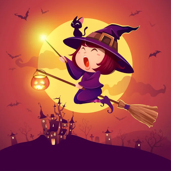 Halloween Flying Little Witch Girl Kid Halloween Costume Holds Magic — Stock Vector