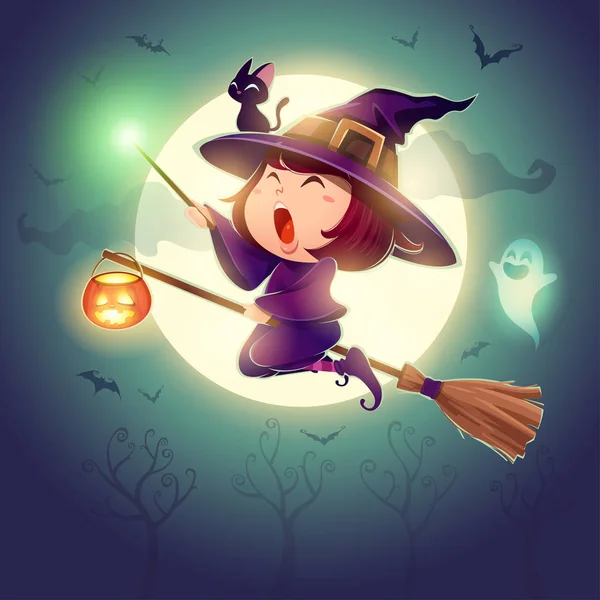 Halloween Flying Little Witch Girl Kid Halloween Costume Holds Magic — Stock Vector