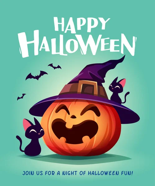 楽しいハロウィンをお過ごし下さい ハロウィンかぼちゃ 黒猫と魔女の帽子とジャック ランタン カボチャ — ストックベクタ