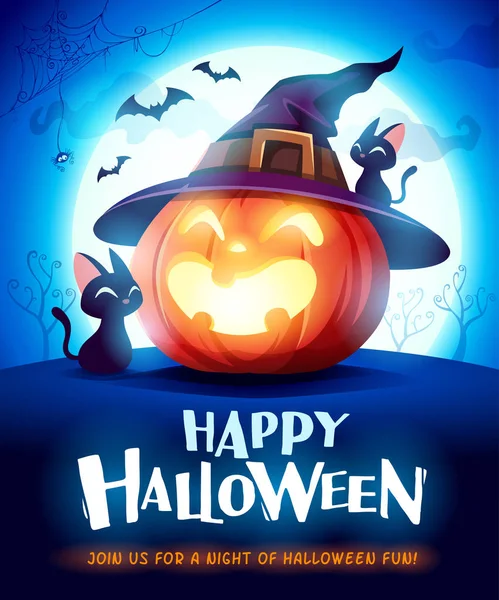 Veselý Halloween Halloween Dýně Černá Kočka Jack Lantern Dýně Kloboukem — Stockový vektor