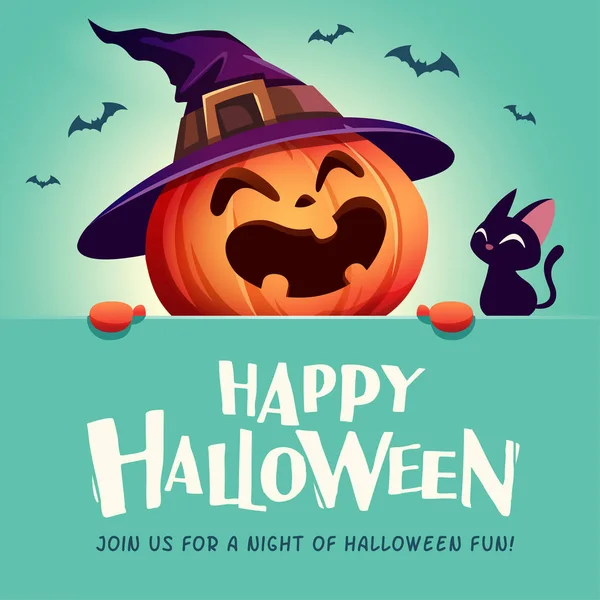 Boldog Halloweent Jack Lantern Tök Boszorkány Kalap Nagy Jelzőtábla — Stock Vector
