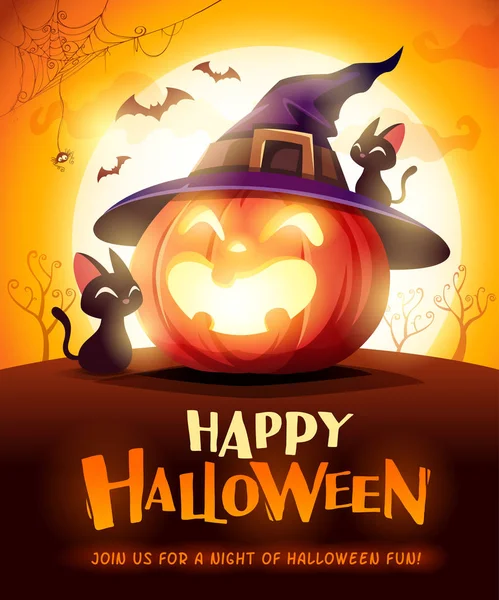 Veselý Halloween Halloween Dýně Černá Kočka Jack Lantern Dýně Kloboukem — Stockový vektor