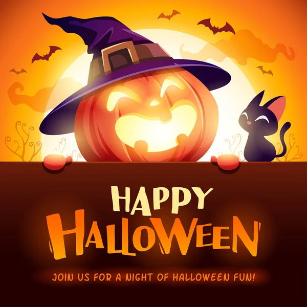 Veselý Halloween Jack Lantern Dýně Čarodějnice Klobouk Velký Vývěsní Štít — Stockový vektor