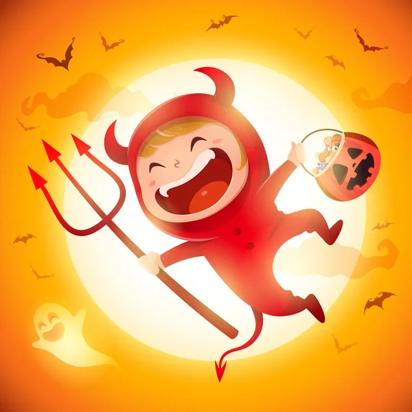 Cute Little Red Devil Demon Kid Halloween Costume Jumping Moonlight — Stock Vector