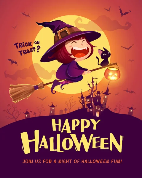 Feliz Dia Das Bruxas Bruxa Voadora Halloween Miúda Fato Halloween — Vetor de Stock