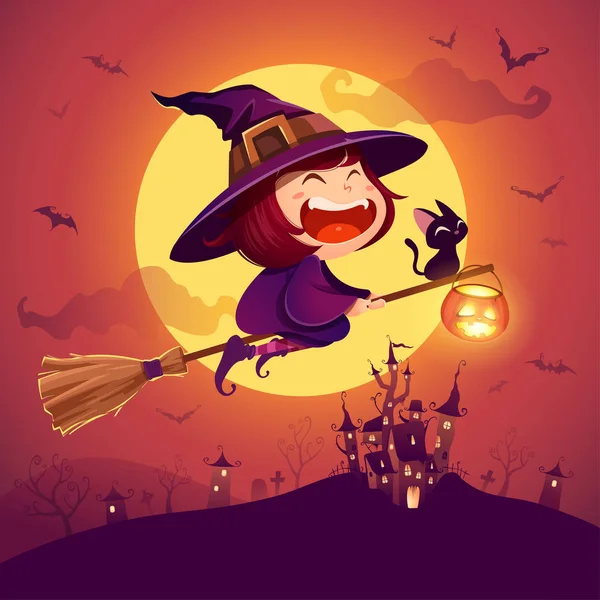 Bruxa Voadora Halloween Miúda Fato Halloween Voar Sobre Lua Retro — Vetor de Stock