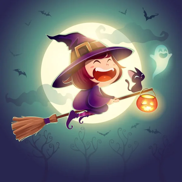 Bruxa Voadora Halloween Miúda Fato Halloween Voar Sobre Lua Retro — Vetor de Stock